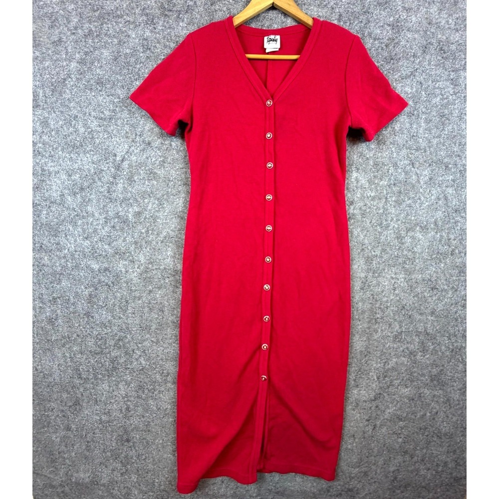 VTG Tapestry Sweater‎ Dress Womens 10 Petite Red Cotton Ribbed Knit Button Front